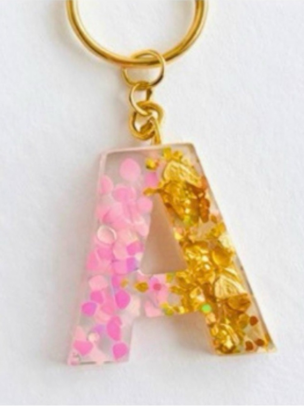Gold & Pink Resin Initial E Keyring - Letter E Keychain